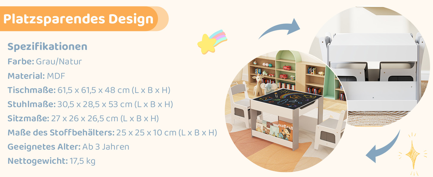 Дитячий стіл з 2 стільцями COSTWAY: дерев'яний набір 4 в 1 з регульованою стільницею, полицями та ящиками для зберігання, для дітей від 3 років (сірий)