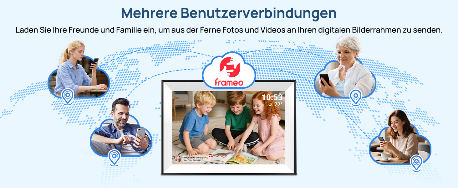 Цифрова фоторамка Frameo 10.1 дюймів WLAN, Full HD IPS сенсорний екран 1280x800, 32GB пам'ять, автоматичний поворот, можливість монтажу на стіну, керування через додаток Frameo (Чорна з білою рамкою)