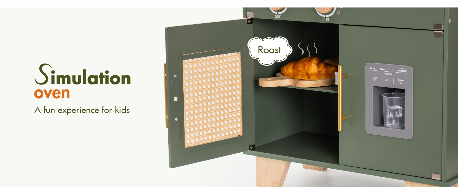 Дерев'яна дитяча кухня ROBOTIME Retro з аксесуарами, мікрохвильовка, диспенсер для льоду, шафка з ротангу, зелений колір, для дітей 3-8 років