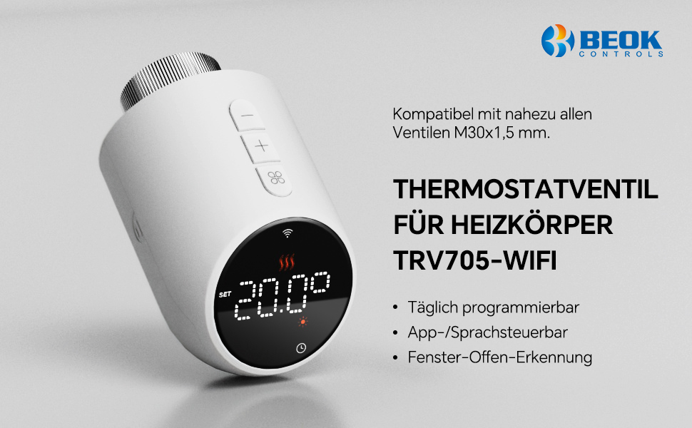 Розумний термостат для радіатора Beok WiFi з керуванням через Tuya, Google Assistant та Alexa, живлення від батарейок
