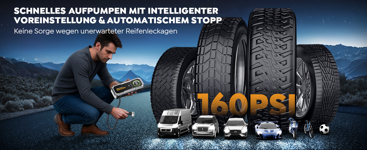 Powerbank Starthilfe 8000A з компресором 160PSI, 12V для авто, 20000mAh, LED-ліхтар, LCD-дисплей, сріблястий