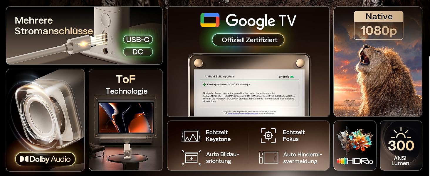 Портативний проєктор Aurzen Boom Air Mini з Google TV та Netflix, 4K, USB-C, Smart, Dolby Audio, WiFi, Bluetooth, автофокус TOF, поворотний штатив, кремово-білий