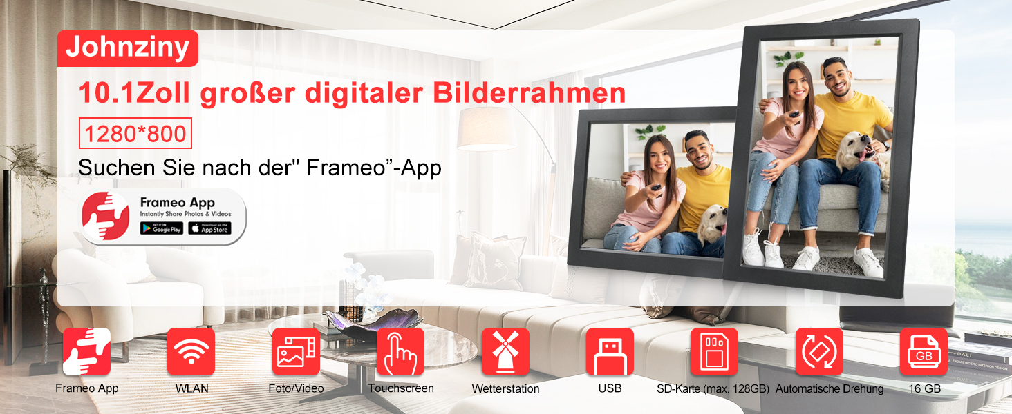 Frameo Цифровий фоторамка 15.6 дюймів Wi-Fi, FHD IPS сенсорний екран, 32GB, автоматичне обертання, ділитися фото та відео, кріплення на стіну