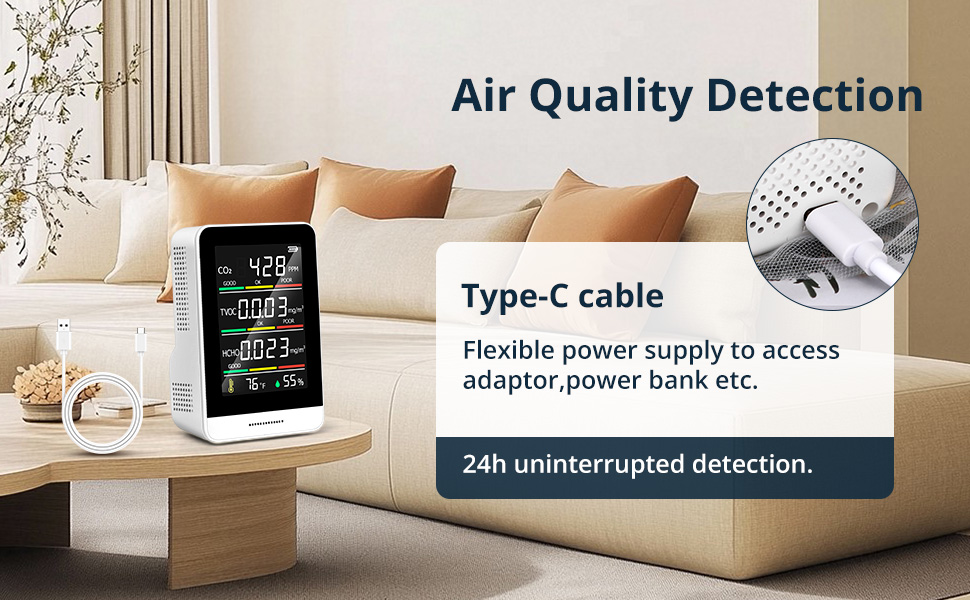 Монітор якості повітря 5-в-1 для дому: CO2, HCHO, TVOC, температура, вологість, запис даних, компактний та портативний