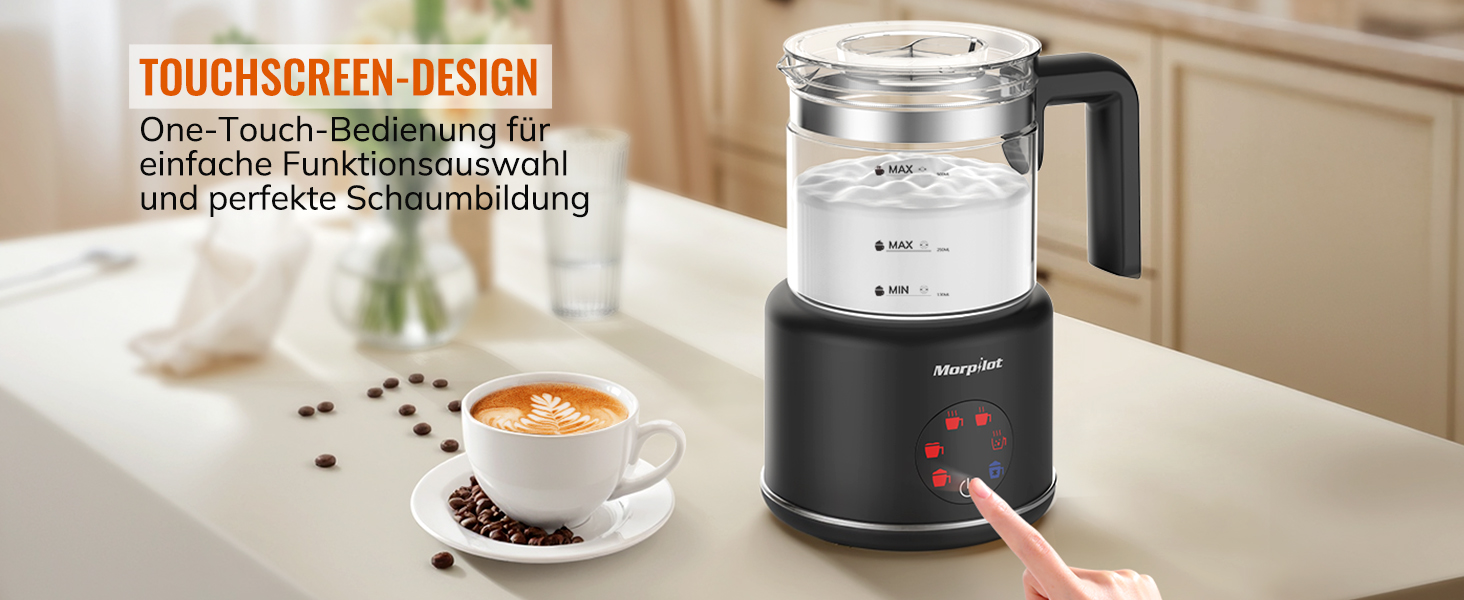 Електричний спінювач молока Morpilot 6-в-1, чорний, 130-500 мл, 600 Вт, для капучино, лате, гарячого шоколаду, миється у посудомийній машині