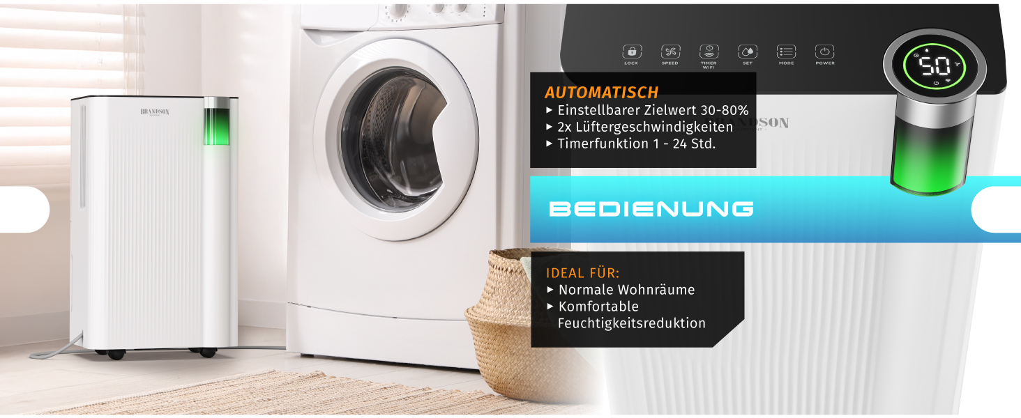Електричний осушувач повітря Brandson з компресором, 12 літрів, Wi-Fi, з таймером, функцією відтавання, білий
