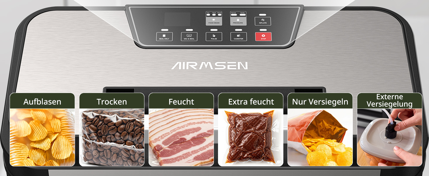 Вакууматор AIRMSEN 95 кПа з функцією підкачки, професійний вакуумулятор для сухих та вологих продуктів, 120 Вт, з відсіком для рулонів, різаком та шлангом, подвійний шва 2x3 мм