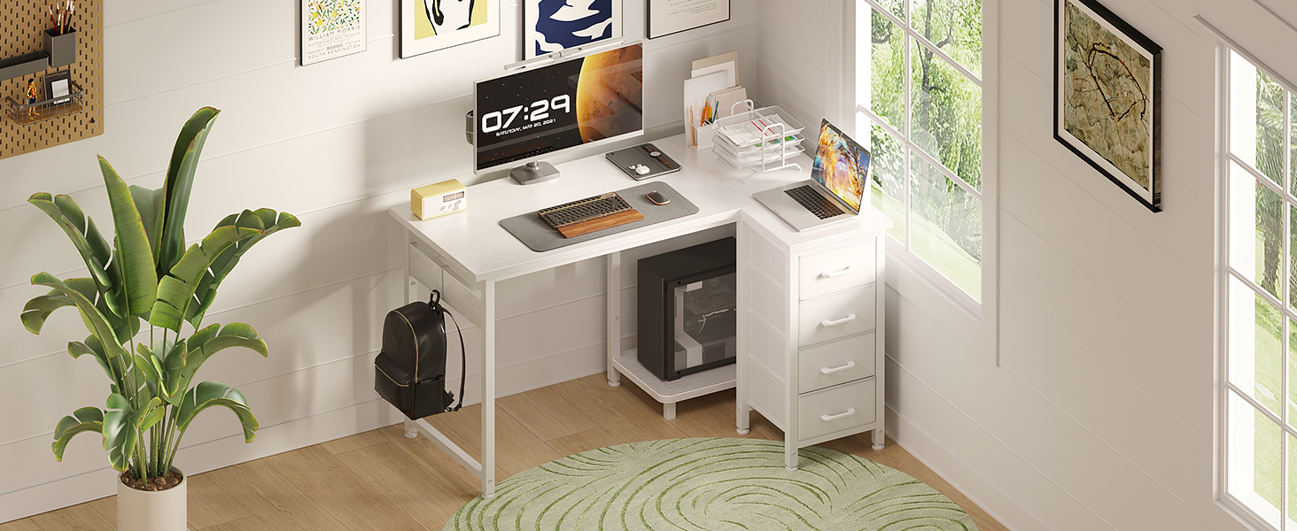Комп'ютерний стіл кутовий Coleshome 100x70 см з 4 шухлядами, білий. Для офісу, кабінету, спальні