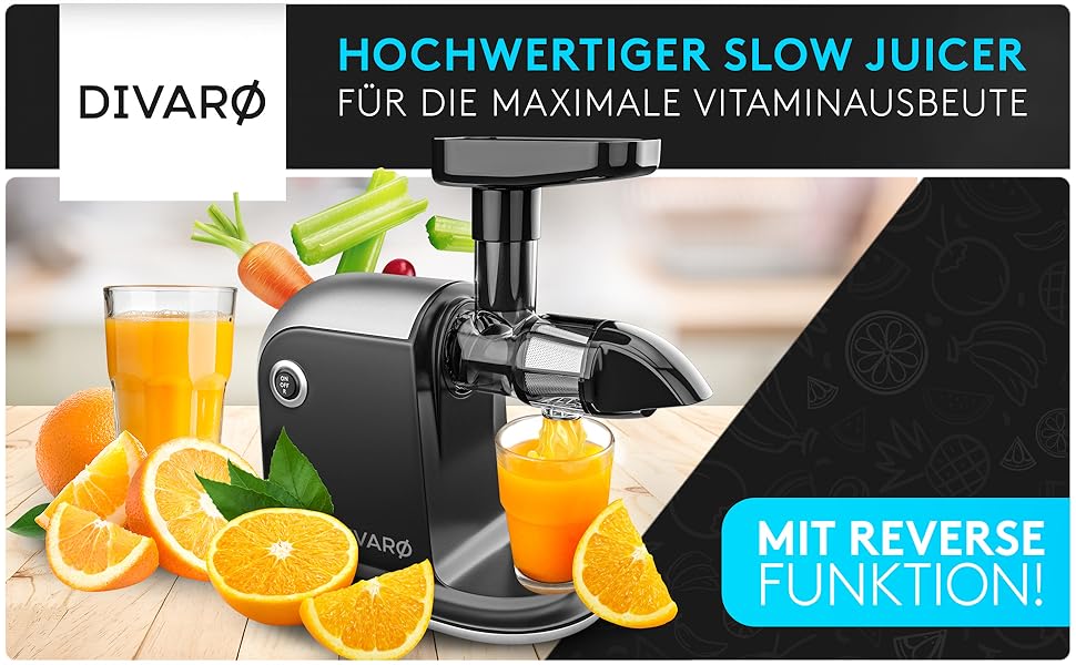 Шовковий відцентровий соковитискач Divaro [DAS ORIGINAL] - для фруктів та овочів, 150 Вт, з функцією реверсу, BPA Free