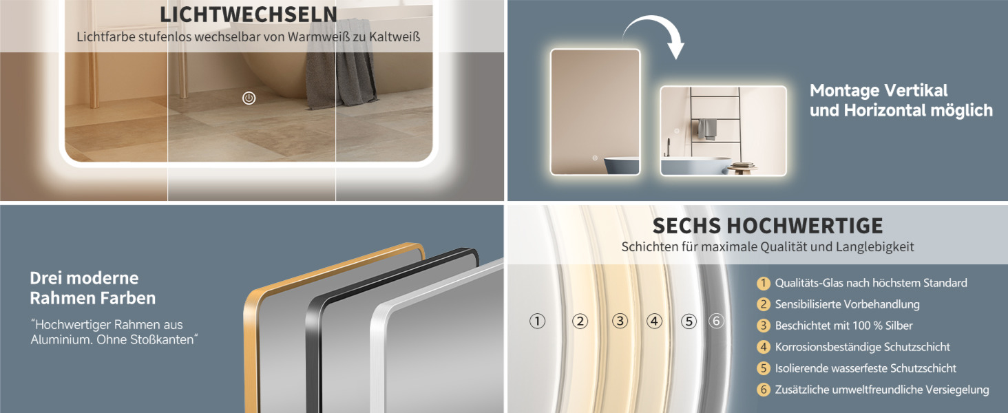 Дзеркало для ванної кімнати HOKO LED Texas 60x80 см з підсвічуванням, підігрівом проти запотівання та чорним металевим каркасом. Можливість монтажу HOCH+QUER. Сенсорне управління, перемикання світла 2700-6500K (тепле, холодне, нейтральне біле світло).