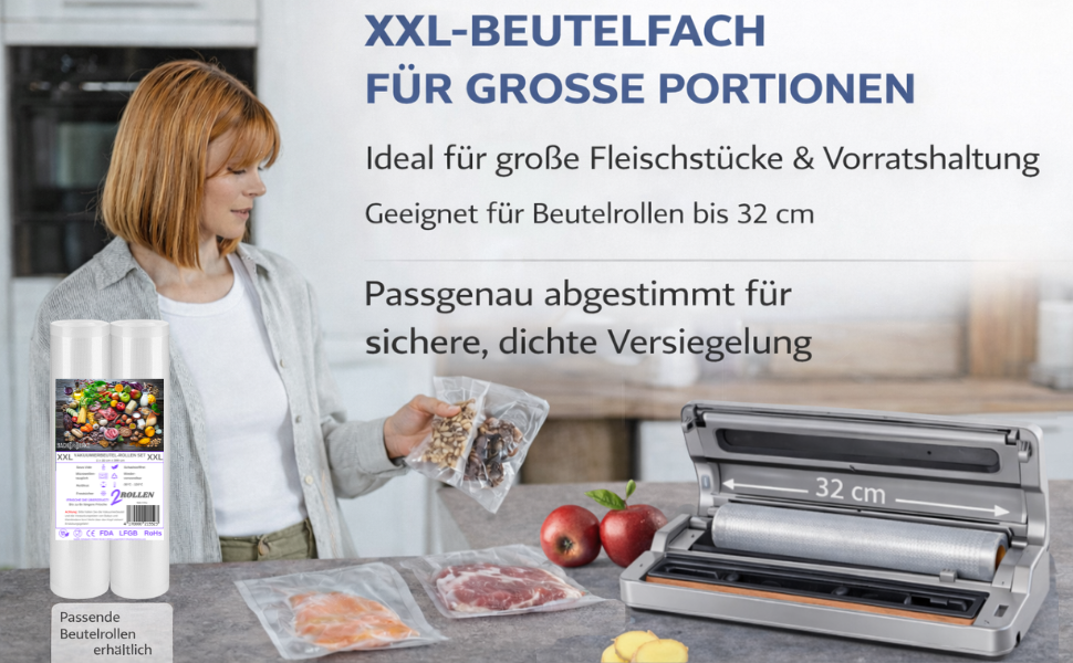 Вакууматор для продуктів BACHWERKE з рулоном та 10 пакетами, ширина шва 32 см, вакуумна машина для зберігання їжі, срібляста