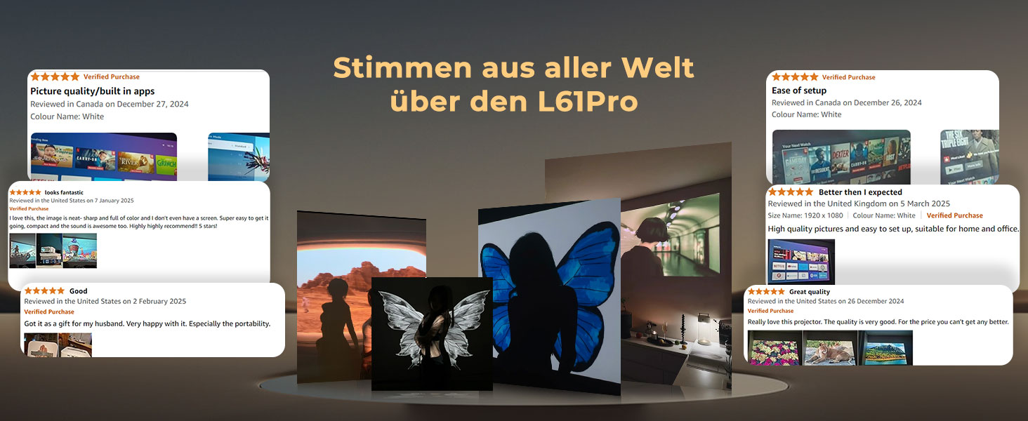 Портативний проєктор Beamer 4K з Dolby Audio, HDR10, WiFi6, Bluetooth 5.4, Auto Fokus, для домашнього кіно та перегляду спортивних подій, білий