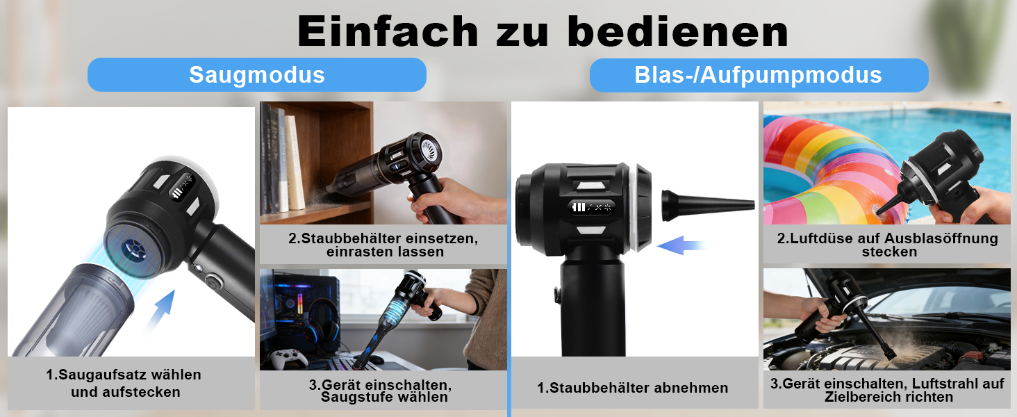 Акумуляторний ручний пилосос Citybee 4 в 1, бездротовий міні-пилосос для авто та дому, 25000Па, безщітковий двигун, 3 режими потужності, для шерсті тварин (чорний)