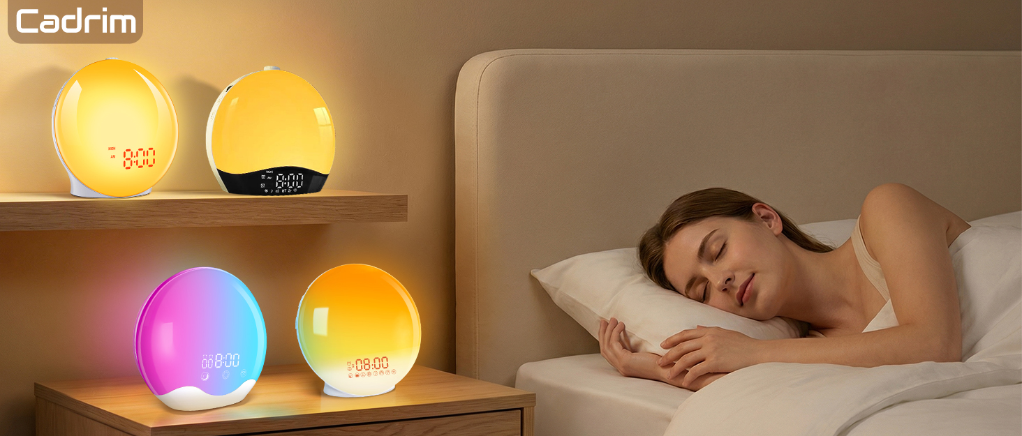 Будильник Cadrim з імітацією сходу сонця та заходу сонця, радіо, 7 природних звуків, FM-радіо, функція повтору, для дорослих та дітей, жовтий