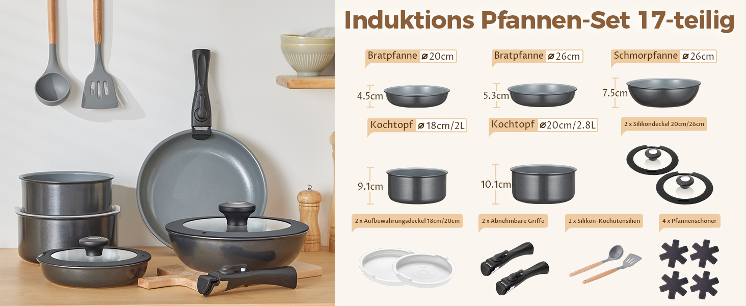 Набір каструль BEZIA 17 предметів з знімним ручками, антипригарне покриття кераміки, набір для індукційних плит, підходить для всіх типів плит, складається, набір каструль Induktion, посуд для кемпінгу, придатний для духовки (темно-сірий)