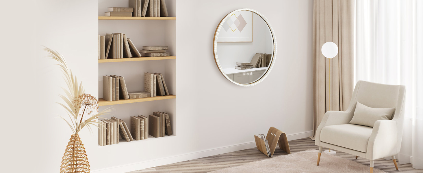 Дзеркало для ванної кімнати EMKE з підсвічуванням, 80 см, 3 кольори світла, регулювання яскравості, антизапар, сенсорне управління, функція пам'яті, енергозбереження, кругле, золотий фрейм (60x60 см)