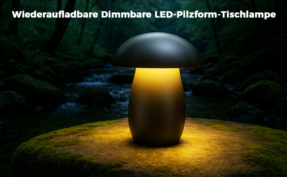 FUYO Pilz Lampe Kabellos: Бездротова лампа-гриб з торшером, сенсорне керування, регулювання яскравості та функція пам'яті, сучасний дизайн для спальні, вітальні та кемпінгу, елегантний чорний колір