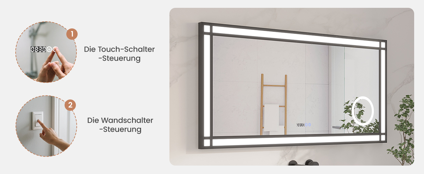 Дзеркало для ванної кімнати AQUABATOS LED з підсвічуванням 50x70 см, імітація вікна, сенсорне регулювання, протитуманне покриття, чорний алюмінієвий каркас, індустріальний стиль, холодний білий світлодіодний дзеркало