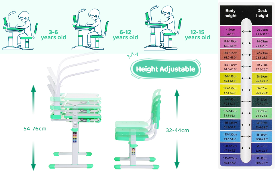 Дитячий письмовий стіл і набір стільців, регульований по висоті, багатофункціональний з лампою і підставкою для читання (зелений)