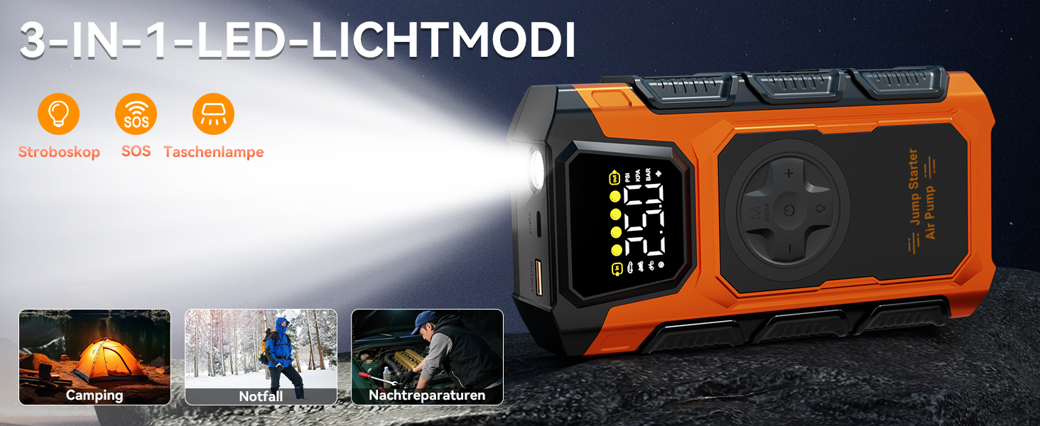 Пусковий пристрій (бустер) для авто Starthilfe 6000A з компресором 150 PSI, Powerbank 12V для бензинових та дизельних двигунів до 10л, з QC3.0, LCD-дисплеєм та ліхтарем, помаранчевий