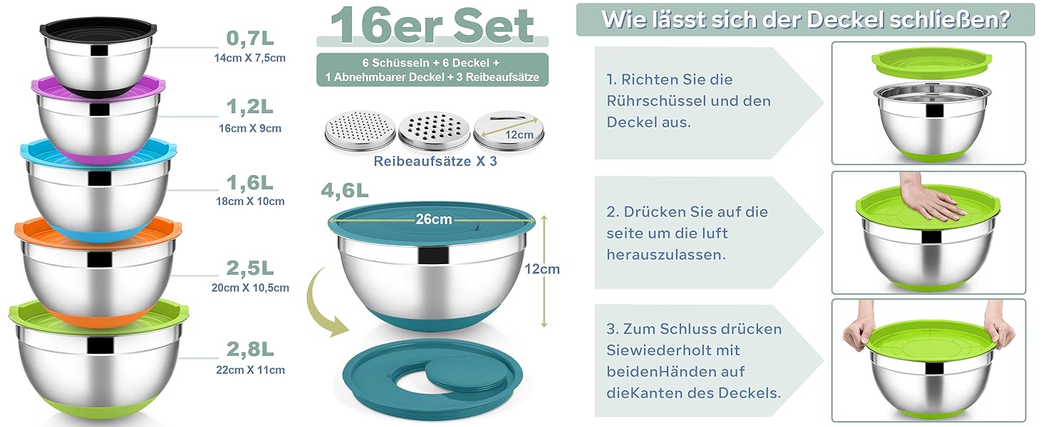 Набір мисок HaWare 6 шт. з нержавіючої сталі, 6 мисок + 6 кришок + 3 тертки, об'єм 4.6/2.8/2.5/1.6/1.2/0.7л, з антиковзним силіконовим дном, для миття в посудомийній машині