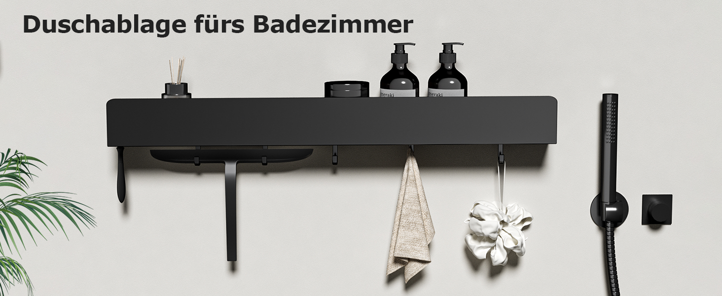 Поличка для душу Rekita без свердління, органайзер для ванної кімнати 40/60 см, нержавіюча сталь, 4 знімні гачки, тримач для шампуню, навісна поличка, полиця для ванної (Чорний)
