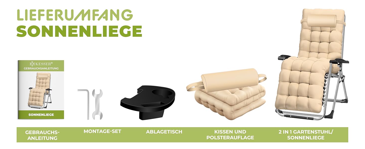 Розкішна лежанка KESSER® для саду: широка, складана, витримує 200 кг, з регульованою спинкою та подушкою для шиї