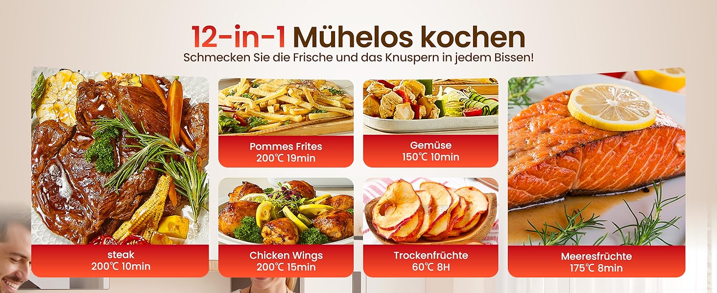 Фритюрниця без олії, 5 л, для 3-5 осіб, ідеальна для любителів м'яса, з регулюванням температури та таймером 24 год, тиха, з антипригарним кошиком та крихкою платформою, зелено-чорна