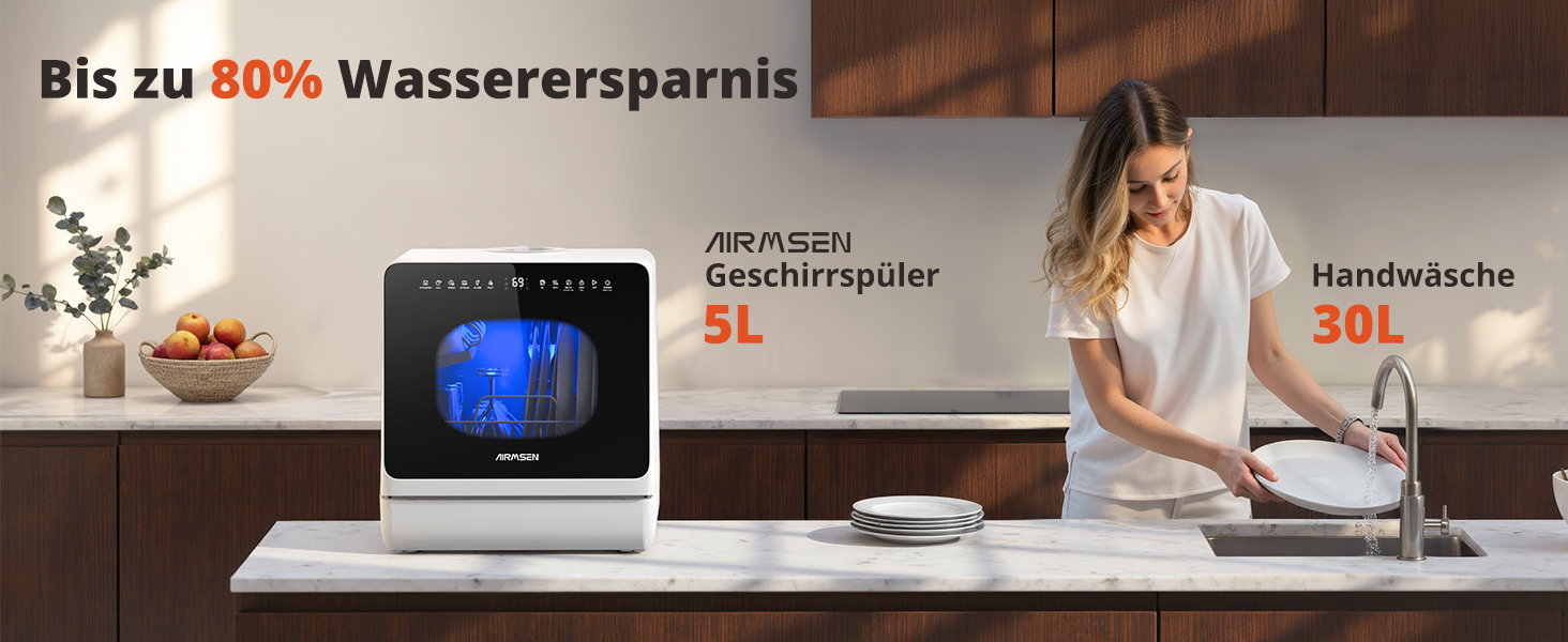 Mini посудомийна машина AIRMSEN з 8+3 програмами, 5л, система пом'якшення води, таймер, дитячий замок, білий/чорний