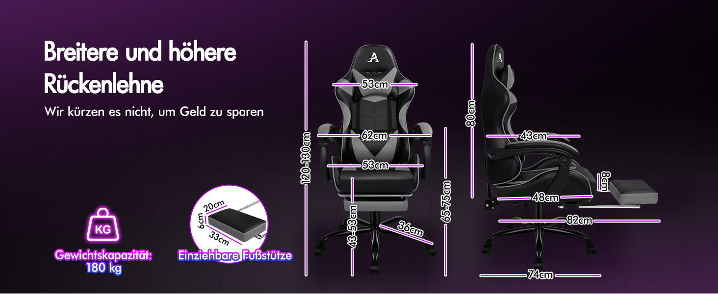 Ігровий крісло ALFORDSON з підніжкою, масажем та регулюванням на 150°, чорний (серія Eryx)