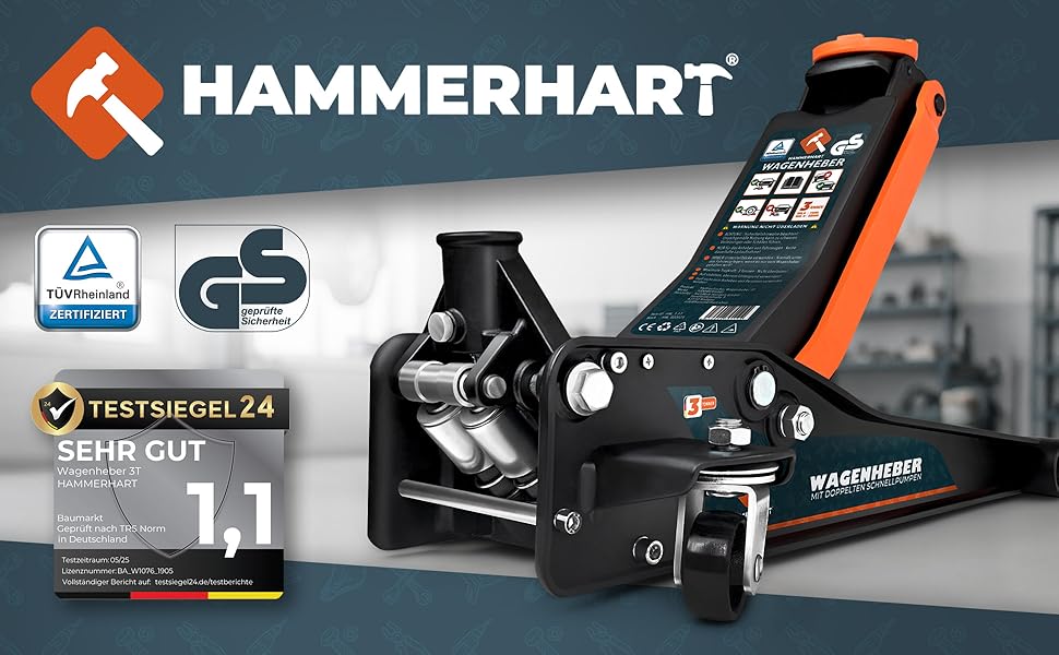 Гідравлічний домкрат HAMMERHART 3T з низьким профілем, 75-505мм, колеса 360°, подвійний поршень, гумова накладка, Т-ручка - Преміум якість