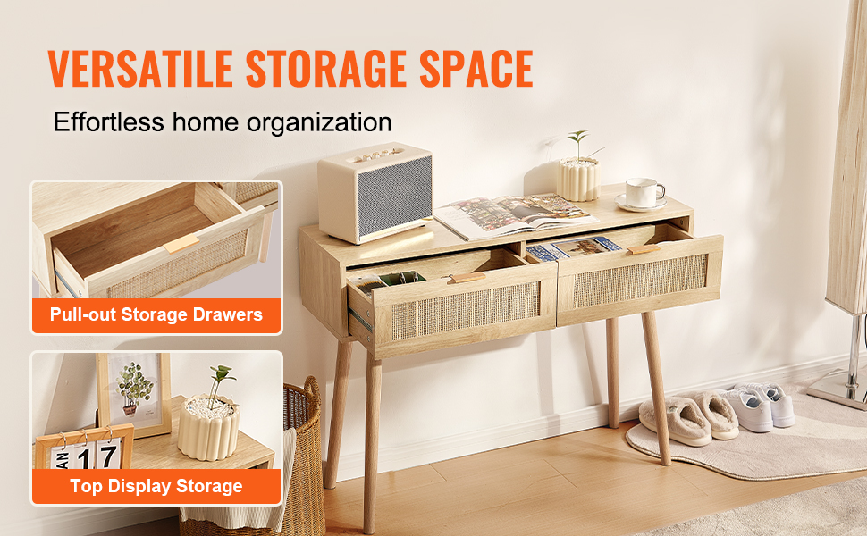 Консольний столик VEVOR з ротангу з 2 шухлядами, бежевий | для вітальні, робочого кабінету, передпокою