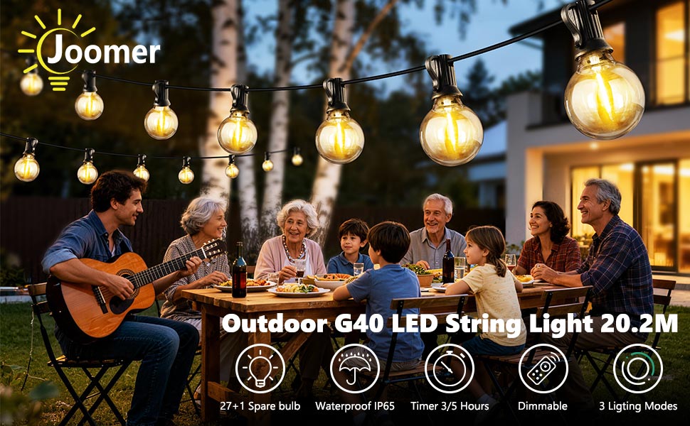 LED гірлянда вулична Joomer 20м, 28 LED G40, тепла біла, з пультом ДК, 3 режими, вологостійка для саду та вечірок