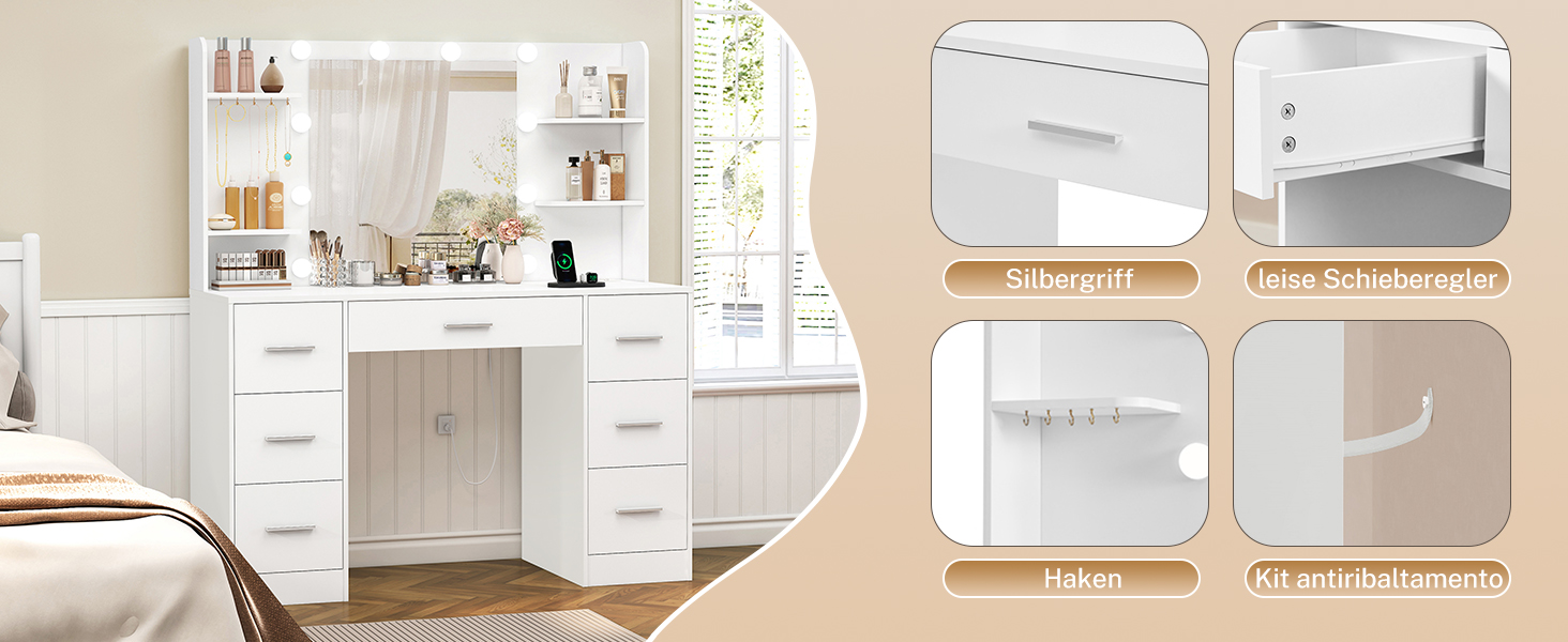 Дзеркальний туалетний столик TEENFON з LED-підсвіткою, 7 ящиками та 4 відкритими полицями, білий