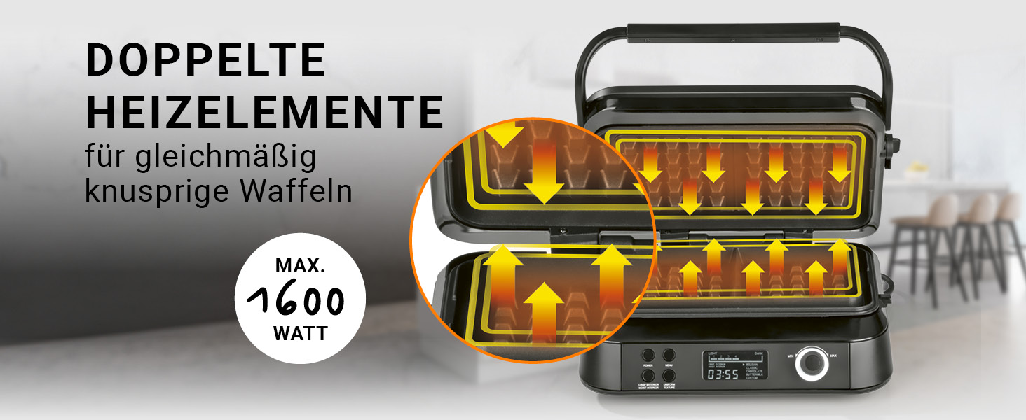 Вафельниця для бельгійських вафель Premium, 1600 Вт, 5 програм, 7 рівнів підрумянювання, LCD-дисплей та таймер, глибокі пластини