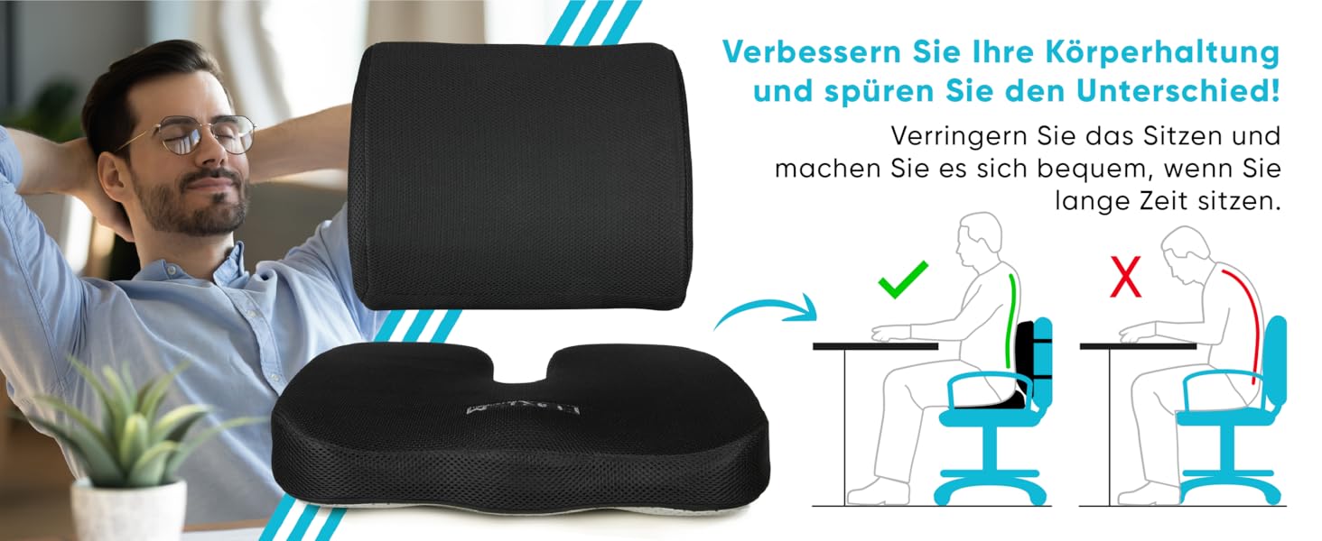 Подушка для сидіння та підтримки попереку FORTEM - м'яка, з Memory Foam, для офісного крісла, авто, геймінгу, чорна, велюр