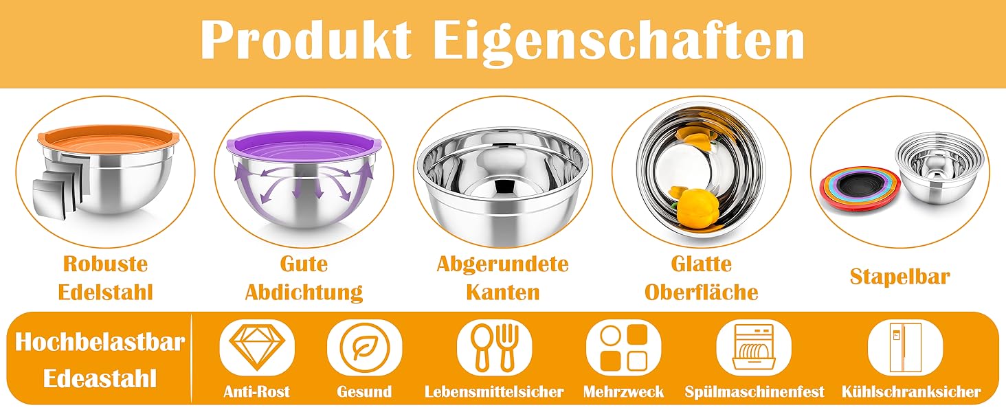 Набір салатниць TEAMFAR 6 шт. з нержавіючої сталі з кришками та силіконовим дном, багатофункціональний, для миття в посудомийній машині, 0,7Л / 1,5Л / 1,6Л / 2,5Л / 2,8Л / 4,6Л (Кольоровий, з 3 тертками)