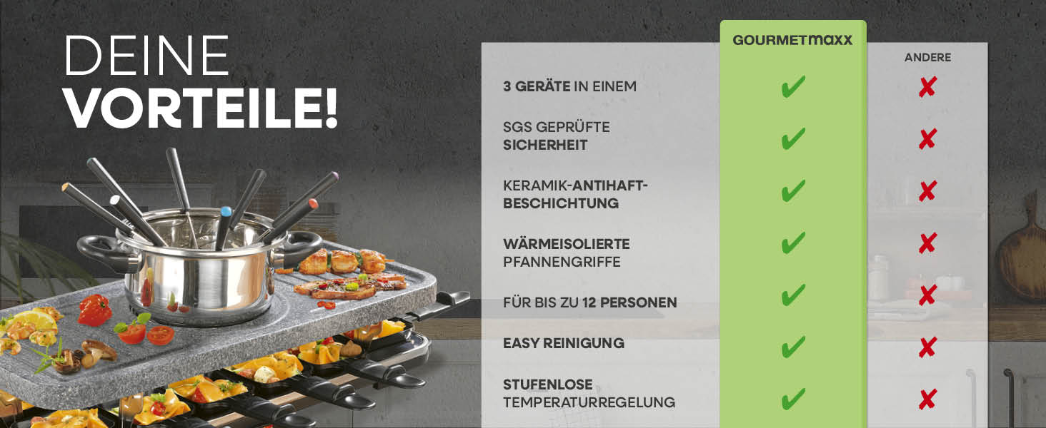 GOURMETmaxx Ракуетка 2-в-1 з Фондю | Набір ракуетки на 8 осіб – ідеальний гриль для вечірок | Ракуетка-фондю комбінація з 8 сковородами, лопатками та виделкою для фондю | Набір ракуетки з фондю на 8 осіб (Ракуетка & Фондю комбі XXL на 12 осіб)