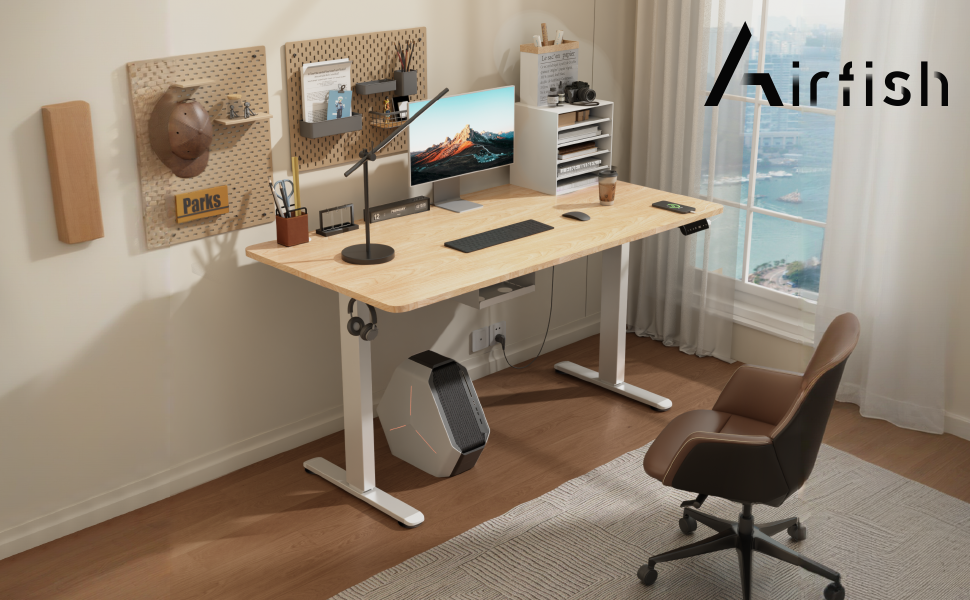 Регульований за висотою стіл Airfish з USB-портом, електричний, з органайзером для кабелів, комп'ютерний/офісний стіл, стоячий стіл з нагадуванням про сидячий режим, 160x80 см, Бежево-білий