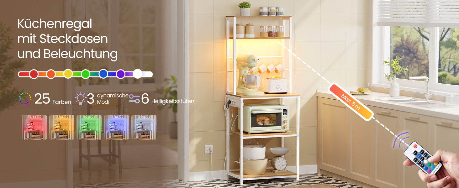 Кухонна стійка-полиця VASAGLE з LED-підсвіткою та розетками, стелаж для мікрохвильової печі з регульованими полицями та 8 гачками, 40 x 80 x 168,4 см, колір золотий дуб та білий матовий (KKS050YA01)