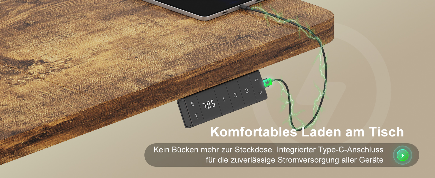 Регульований стіл Devoko 200x80 см з USB-C, електричний, мобільний, з органайзером для кабелів, білий/вінтажний коричневий