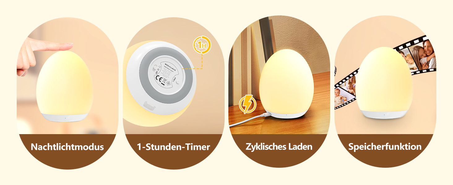 Нічник LED MediAcous з таймером, 8 кольорів, дитячий, з сенсорним керуванням, для дитячої кімнати