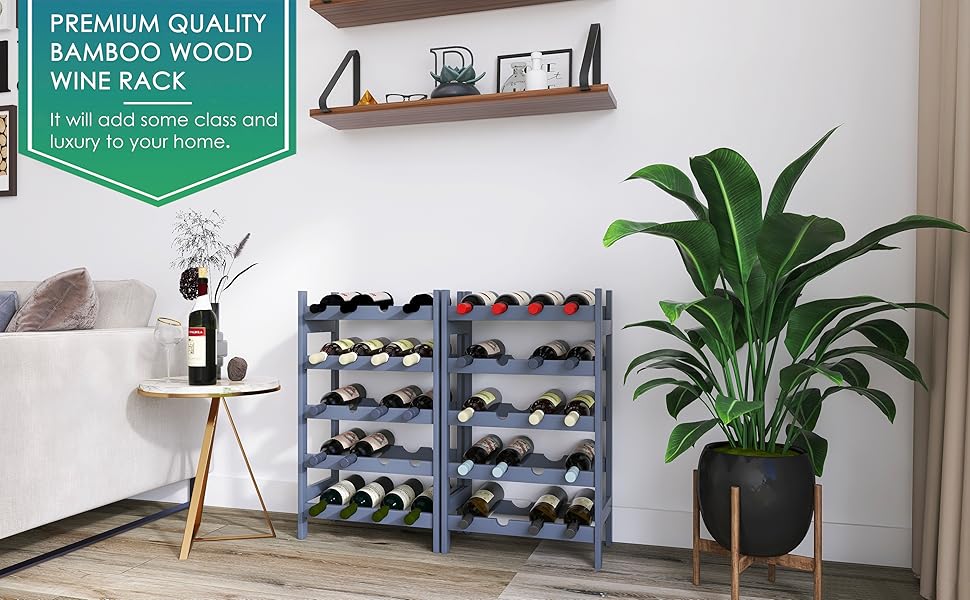 Стильна полиця для вина на 20 пляшок SMIBUY з бамбука - 5 ярусна, сіра