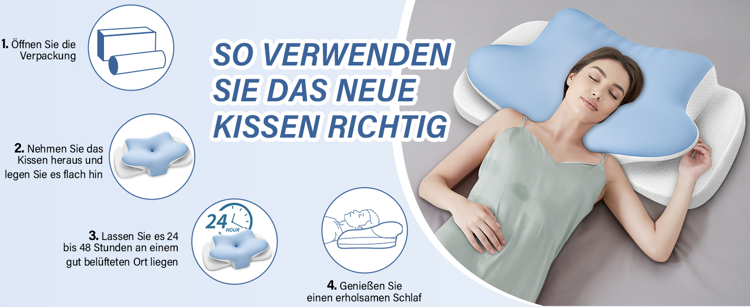 Подушка для шиї з піною з пам'яті, дихаюча, ергономічна, 65x37x10/12 см (Блакитна)