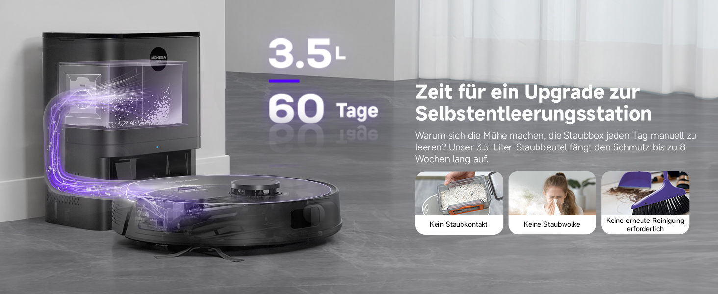 Робот-пилосос MONSGA з функцією миття, 3.5L, потужність всмоктування 5000Pa, час роботи 180 хв, навігація LiDAR, APP керування, чорний