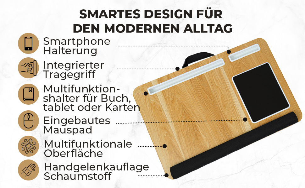 Підставка для ноутбука в ліжко та диван – з подушкою, тримачем для телефону та підкладкою для зап'ястя – підходить для ноутбуків до 17' – легка та комфортна для офісу, навчання та відпочинку (Сірий, Чорний)