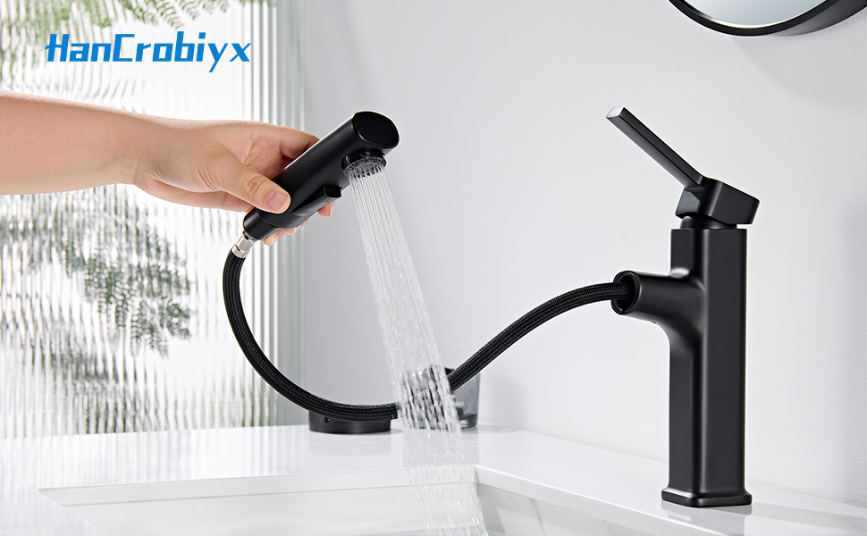 Чорний змішувач для ванної кімнати з висувною лійкою, однорегуляторний, для холодної та гарячої води