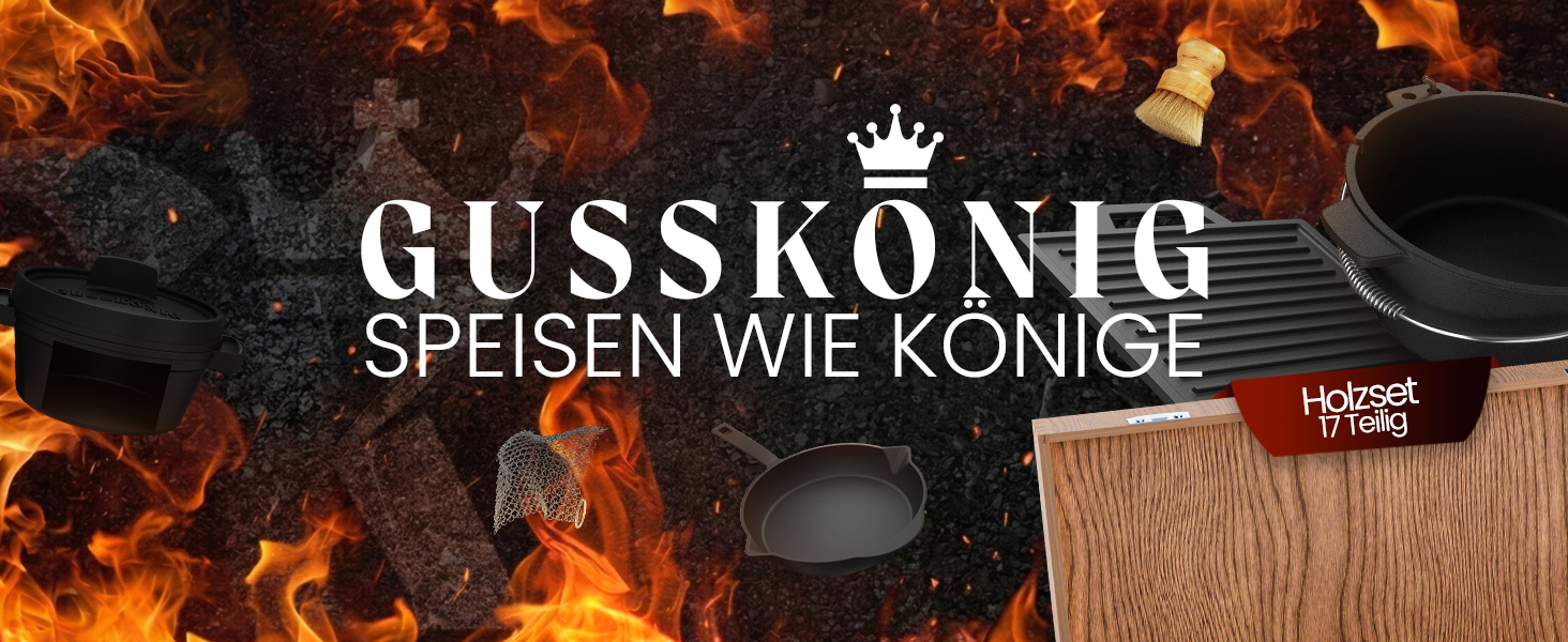Набір чавунних казанів та сковорідок GUSSKÖNIG (11 предметів), передзагартований чавун, чорний, середній набір з аксесуарами та гарантією 30 років