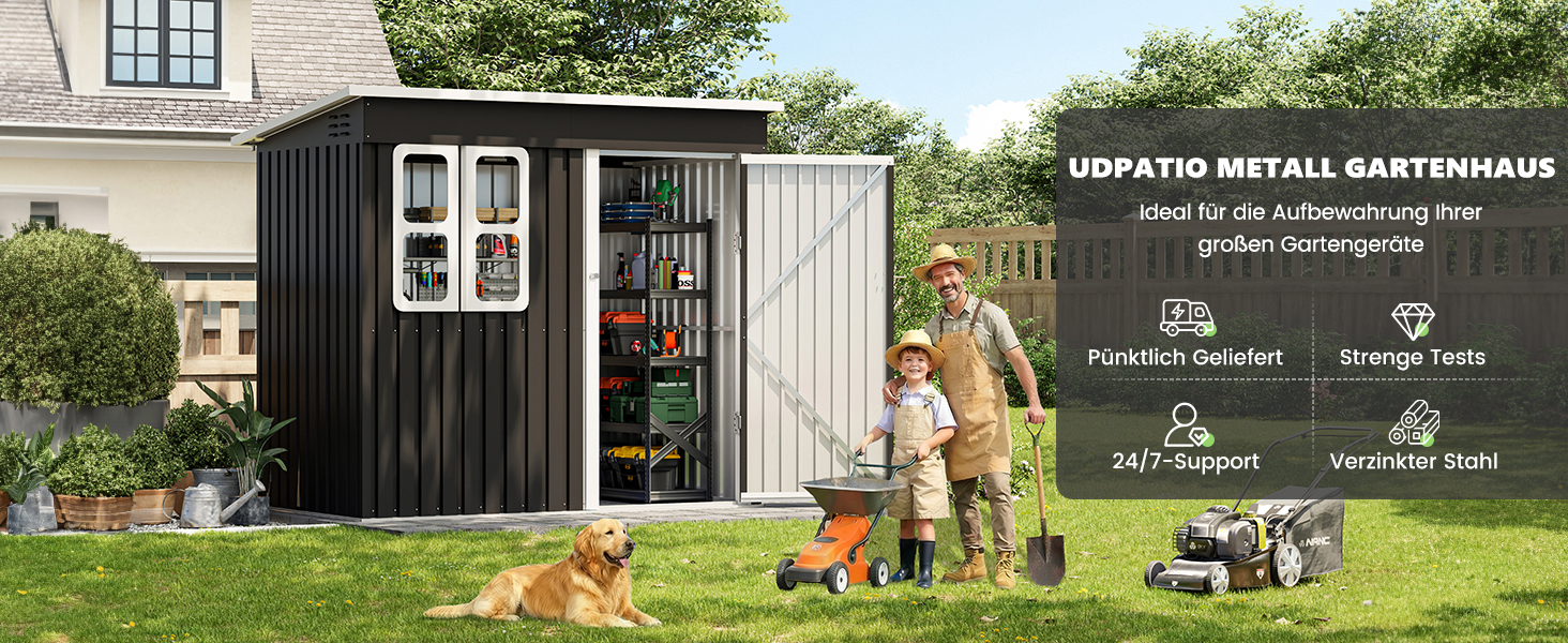 Металевий садовий будинок UDPATIO 222x132x190 см з вікном, дверима з замком та вентиляцією, гараж для велосипедів з похилим дахом, сарай для інструментів, водонепроникний, темно-сірий