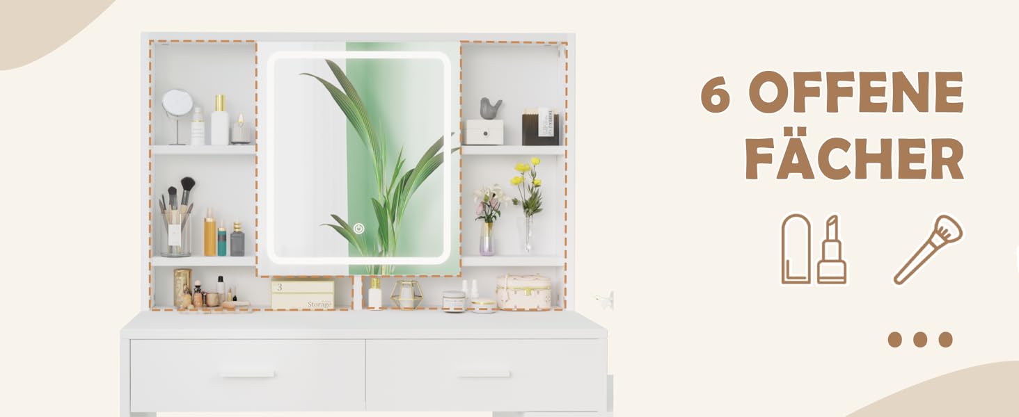 Дзеркало для макіяжу JUMMICO з LED-підсвічуванням, регульована яскравість та колірна температура, органайзер, туалетний столик з ящиками та регульованими полицями, 110x40x140 см